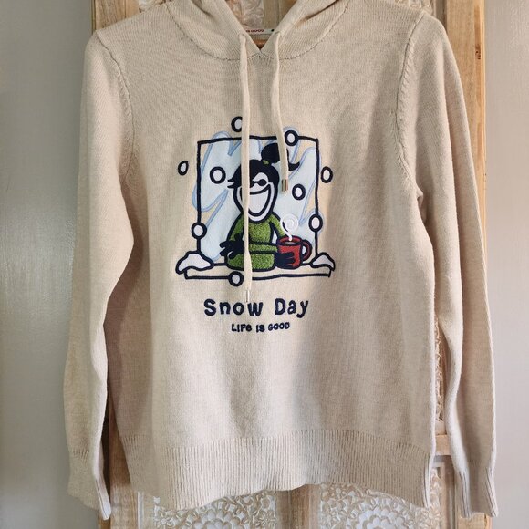 Life is Good Snow Day Knit Hoodie Women’s Large – Beige Winter Graphic Sweater - Picture 2 of 7